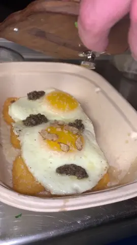 Eggs and fried polenta with black truffle paste and shaved white truffle 🤤