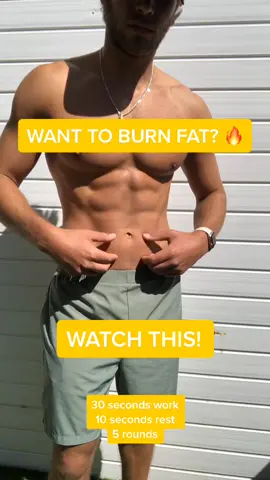 Want help burning fat? Try this HIIT workout. 4 exercises. 30 seconds work. 10 seconds rest. Repeat 5 times. #Fitness #homeworkout #burnfat #exercise