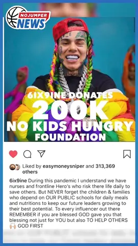 #6ix9ine $200,000 dollar donation to No Kid Hungry gets rejected... #nojumper #hiphop #rap #charity #tekashi 😳