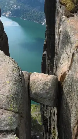 The thrilling Kjerag Boulder #fyp #kjeragbolten #kjerag #norway #travel