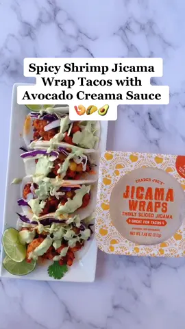 Trader Joe’s Spicy Shrimp Jicama Wrap Tacos with Avocado Creama Sauce 🍤🌮🥑 #traderjoesfoodreviews #traderjoes #shrimptacos #summerbbq #tacos #Recipe