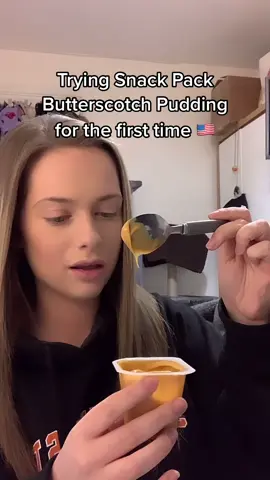 Trying Snack Pack Butterscotch Pudding for the first time 🇺🇸 #american #british #americanfood #tastetest #fyp #foryou #foryoupage #viral #trending