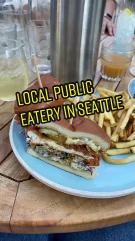 Trying local public eatery in Seattle 🤠 ✨🌸#munchies #burgers #friedchickensandwich #mimosas #seattle #Summer #datenight #yum #fries #salad #Foodie