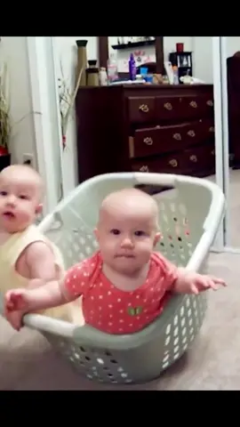 Twin babies have fun in a laundry basket until they fall over. #funnykids #babysoftiktok #cutetwins