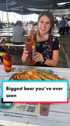 A comically large beer at 📍 San Pedro Fish Market