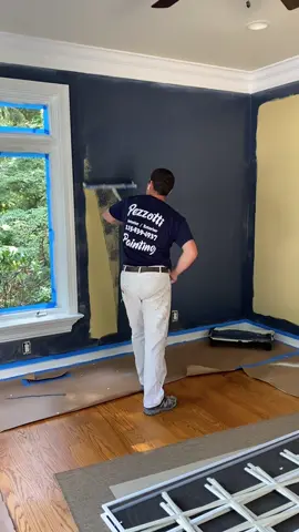 Satisfying wall rolling.. Watch it twice. #blue#navy#painter#painting#oddlysatisfying#painttok#pezzotti#viral#start#finish#before#after#tutorial#howto#bedroom#office#watch#me#fast#rolling#painting#wooster#brush#comment#hashtag#art#artwork#artist#pace#clip