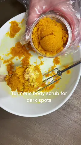 Our best seller! Turmeric helps lighten dark spots and this body scrub exfoliates dead skin! #bodyscrub #tumericscrub