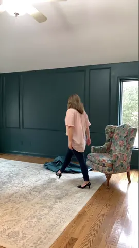 Molding up! Painted blue green. Love this accent wall! #accentwall #bedroommakeover #bluegreen @weaberlumber