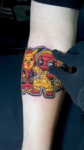 Deadpool and Pikachu #patchtattoo #embroiderytattoo #tattoo #tatuagem #tatouage #tatuaje #deadpool #pokemon #pikachu @radiantcolorsink @kwadron @fkirons @balm_tattoo @electrumsupply
