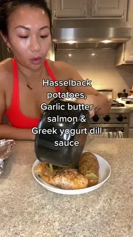 PLEASE make this. The hasselback potato was the star but the salmon still hit every tastebud #cooking #salmon #potato #hasselbackpotatoes #Recipe #airfriedsalmon #fyp
