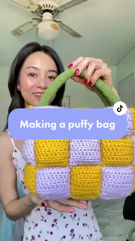Crochet pattern is from @Sass and Stitch. This puffy crochet bag is now my new obsession🤍 #crochet #crochettok #crochetbag #puffybag #crochetpuffquilt