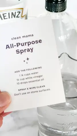 DIY All-Purpose Spray – perfect for cleaning most surfacesIf you’d like to try a DIY cleaning recipe, the DIY All-Purpose Spray is a great one to start with! This is one of the easiest and most effective DIYs that I’ve concocted and it’s a fraction of the price of store-bought all-purpose sprays. The DIY All-Purpose Spray smells fresh and clean – not like you’d think a vinegar-based cleaner will smell. With just 3 ingredients, this DIY All-Purpose Spray is a super easy and effective cleaner. It’s perfect for cleaning most surfaces (except stone) and so easy to mix up. Ingredients✨1 1/4 cup water✨1/2 cup white vinegar✨10 drops essential oil – I love the Cozy Home Blend for this recipe – it’s my signature lemon + clove scentMix and store in a spray bottle. Shake before using. Can be used in bathrooms, counters, sinks, and most surfaces. Don’t use on stone. This DIY recipe will last for up to a month. #cleanmama #cleantok#CleanTokcleanmama.com/diy-all-purpose-spray-perfect-for-cleaning-most-surfaces/