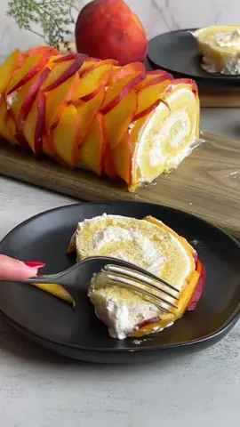 An incredible peach & cream swiss roll cake, because real peaches deserve some love too 🍑😉  Sponge: - 3 large eggs, room temperature  - 110g white sugar - 70g all purpose flour  - 1/4 tsp salt - 1/4 tsp baking powder - 1 tbsp melted butter - Powdered sugar for rolling Whipped cream: - 1 1/2 cups heavy cream, chilled - 1/4 cup powdered sugar - 1/2 tsp vanilla essence Peach purée: - 1 large ripe peach, peeled and blended - Peach slices for decoration  #peachesandcreamcake #peachcake #swissroll #baking #sweettooth #dessert #EasyRecipe