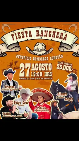 Los dejo invitados a esta fiesta ranchera en apoyo a los bomberos este 27 de agosto a partir de las 19hrs en lonquen #alanyslagos #chile #talagante #talagantechile #serenatas #dinastialagos #parati #fyp #talentotiktok #tiktok #serenatasdeacaballo #serenataschile #viral