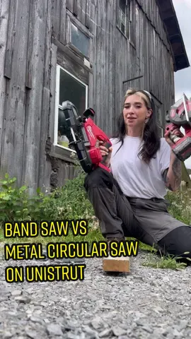 Milwaukee Band Saw vs Circular Metal Cutting Saw for Unistrut #bluecollarbabe #electriciansoftiktok #construction #milwaukeetools #electrician #bandsaw #metalcuttingsaw