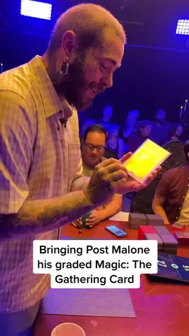 🎁 We presented Post Malone his graded “Post The Enchanter” custom Magic: The Gathering card. •  We figured there’s no better way to kick off our TikTok. #magicthegathering #postmalone #cards #psa