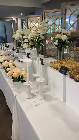 A peach and white themed baby shower display 🤍 #blancevents #Foodie #foryoupage #desserts #dessertsoftiktok #halal #likes #foodtiktok #strawberrydaquiri #mintmojito #passionfruit #candles #peach #white #flowers #roses #burgers #wraps #pasta #glasgow #foryou #halalglasgow #foodporn