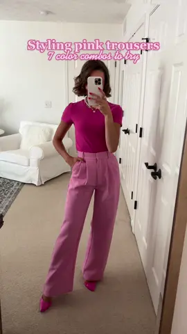 7 colors to pair with pink trousers 💕 #workwearinspo #workwearoutift #officechic #officeoutfits #9to5chic #pinktrousers #pinkworkwear #abercrombiestyle #abercrombiesale 