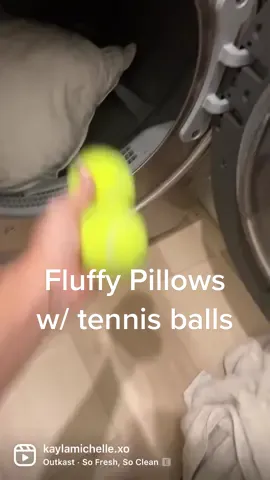 Give your pillows a refresh with this fluffy pillow hack!👏🏻👏🏻 Wash your pillows on your setting of choice and then transfer to the dryer…adding the secret tip: tennis balls! Throw two tennis balls into the dryer to help the pillows dry evenly and fluffy like you just purchased them. #Home #cleaninghacks #laundryhack #tennisballs