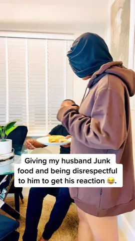 Giving my husband Junk food and being disrespectful to him to get his reaction 😂. #husbandwife #foryoupage #foryou #fypシ