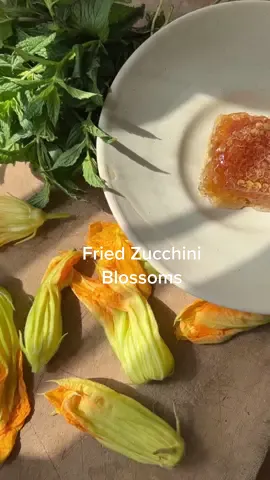 FRIED ZUCCHINI BLOSSOMS WITH FETA, HONEY, AND MINT 🌾 these are a delicious alternative to a typical ricotta filled zucchini blossoms. The interior is filled with creamy, salty feta and once fried, you get a delicious crunch from the exterior. Drizzled with honey and finished with mint, this is a delicious dish to end the summer!  10-12 zucchini blossoms Baby zucchinis, sliced in half FILLING 2 ounces Feta, crumbled 1 Tablespoon Crème fraîche Mint, chopped  BATTER 1/2 cup all purpose flour  2 teaspoons cornstarch  1/2 teaspoon kosher salt 1 cup sparkling water  Vegetable oil for frying FINISHING  Flaky Sea alt  Honey  Red Chile Flakes Mint  — 1. Wash the zucchini flowers, remove the stamen, and dry.  2. Combine the feta, creme fraiche, and mint. Set aside.  3. Whisk together the flour, cornstarch, salt and sparkling water.  4. Heat an inch of vegetable oil in a frying pan over high heat. 5. Fry the zucchini blossoms and baby zucchinis (if using) for 2 minutes each side until golden.  6. Drain excess oil on paper towels.  7. Arrange the blossoms and zucchinis on a plate. Finish with salt, drizzle of honey, red Chile flakes, and mint. Serve immediately.  #seasonalrecipes #Recipe #cooking #zucchini #zucchiniblossoms #cookingvideo #food52 #weeknightmeals 