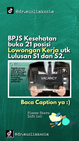 Saat ini BPJS Kesehatan sedang membuka 21 lowongan kerja bagi lulusan baru (fresh graduate) S1/S2 maupun bagi yang sudah memiliki pengalaman kerja. Melansir dari situs resmi rekrutmen BPJS Kesehatan, Rabu (28/9/2022), berikut merupakan posisi yang sedang dibuka: 1. IT Facility Management 2. IT Asset/Support 3. Analis Data 4. Manajemen Data 5. Quality Control SI (QCSI) 6. Quality Assurance TI 7. Pengembangan Sistem Informasi 8. Strategi Perencanaan TI 9. IT Infrastucture 10. Database Administrator 11. IT Operation 12. Security Engineering 13. IT Network 14. Komunikasi Publik 15. Manajemen Sumber Daya Manusia dan Umum 16. Manajemen Akuntansi, Treasuri dan Investasi 17. Manajemen Iuran 18. Manajemen Fasilitas Kesehatan, Penjaminan Manfaat, Utilisasi dan Anti Fraud 19. Manajemen Perluasan, Administrasi dan Pelayanan Peserta 20. Hukum, Regulasi dan  21. Aktuaria dan Manajemen Risiko Dokumen kelengkapan pendaftaran: 1. KTP 2. Bukti Keterangan Akreditasi Universitas/Prodi 3. CV 4. Ijazah 5. Transkrip Nilai 6. Sertifikasi (Jika Ada) 7. SKCK* *dapat disusulkan saat offering/dinyatakan lulus Jika kalian ingin mendaftar lowongan kerja tersebut, kalian dapat mendaftarnya melalui:  https://rekrutmen.bpjs-kesehatan.go.id/karir/.  DISCLAIMER: Perlu diketahui bahwa seluruh proses rekrutmen ini tidak dipungut biaya/gratis. Hati2 dgn segala jenis penipuan! Untuk menghindari penyalahgunaan informasi oleh pihak – pihak yang mengatasnamakan BPJS Kesehatan, pelamar yang memenuhi persyaratan pendaftaran serta kualifikasi akan dihubungi melalui email dengan domain @bpjs-kesehatan.go.id dan/atau @talentics.id _____ __ _ _   _  Untuk update info dan tips2 kesehatan terbaru, Langsung follow aja akun IG dan Tiktok ini : @dr.muslimkasim @dr.muslimkasim ___ _ _ #lowongankerja #bpjskesehatan #loker #bpjs #lowongan #infoloker