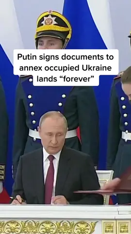 Vladimir Putin signs documents to annex occupied Ukraine regions during a ceremony at the Kremlin, formalizing Europe's biggest land grab since World War II. In a speech before the signing, the Russian president said people living there 