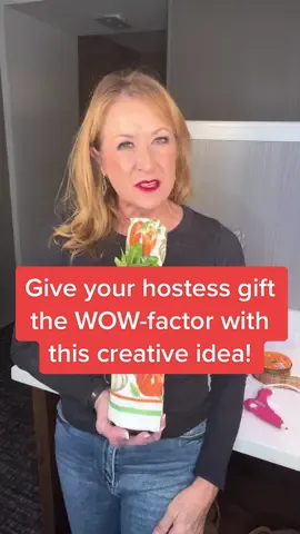 Give your hostess gift the wow-factor with thus easy and festive idea! 2 gifts in one and they will love both! #wine #fall #hostessgift #fyp #pinotgrigio #foryou #creativegift #DIY #tjmaxx #marthastewartliving #onplumnellygifts 