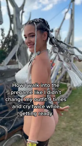 Does anyone else struggle to get ready even when they feel super cute?? This is my favorite lil rave outfit from Lost Lands, I made the breast plate myself— I made a tutorial and then when I upgraded my phone I lost the drafts so I’m really bummed about that! My first lil edit using CapCut 💗 #ravergirl #dubsteptiktok #ravefam #silverhair #edmtiktok 