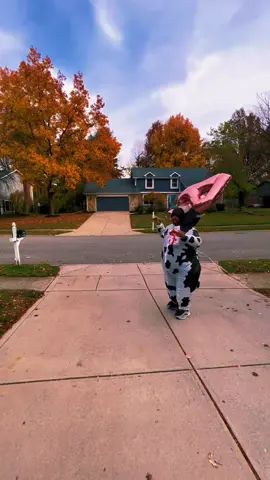 When your niece turns 14 and you surprise her at the bus stop wearing a cow costume with Chick-fil-a #chikfila #funcle #halloween #fyp #cow #costume 