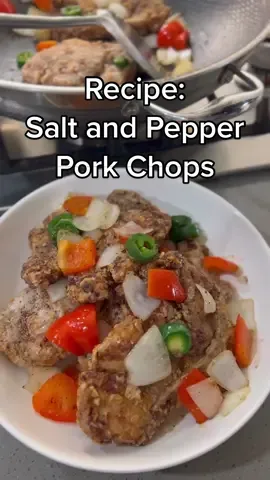 You guys have been loving my salt and pepper recipes so here’s another delicious one for ya!  Lmk which other salt and pepper recipes you want to see 😬 ➡️ Recipe: Salt and pepper pork chops  Servings: 4 - [ ] 2lbs Pork chops, bone-in  - [ ] 1/4 cup Shaoxing wine, mirin or dry sherry  - [ ] 3 tbsp Oyster sauce  - [ ] 1 small onion, large diced   - [ ] 1 small red bell peppers, large diced  - [ ] 1 cup corn starch  - [ ] 1/4 tsp ground white pepper  Seasoning—  - [ ] 2 tbsp Sugar  - [ ] 1 tbsp Salt  - [ ] 1/2 tbsp ground black pepper  - [ ] Cooking oil  1. In a small bowl, mixing other sugar, salt, and black pepper. Set aside.  2. Using kitchen shears, cut pork chops into four equal pieces up to the bone. Marinate in shaoxing cooking wine, oyster sauce, and ground white pepper. Marinate for at least 30 mins or up to 2 hours.  3. Coat marinated pork chops in corn starch and shake off excess. Deep fry pork chops in 350F oil for about 7 to 9 minutes or until golden and crispy. Strain and set aside. 4. In a large pan, heat a little bit of oil and stir fry onions, Bell, peppers, and jalapeños for about 2 mins or until aromatic. Add in fried pork chops and salt and pepper seasoning to taste. Toss well and serve immediately. Enjoy! #saltandpepper #porkchops #pork #chinesefood #EasyRecipe 