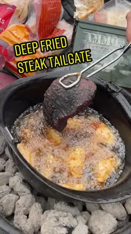 Deep fried steaks 🫡 Who wants some 🥩 #tailgating #steak #elk 