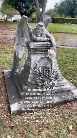 The full title if the sculpture: The Angel of Grief Weeping Over the Dismantled Altar of Life #angelofgrief #dallastexas #cemeteryexploring #grovehill #weepingangel #taphophile #fyp 