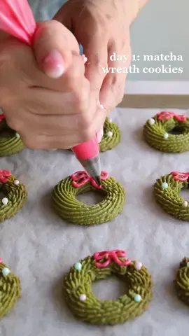 day 1: matcha wreath butter cookies 🎄  113g (1/2 cup) unsalted butter, softened 36g (5 tbsp) icing sugar 96g  (3/4 cup + 1 tbsp) all-purpose flour 36g  (5 tbsp) rice flour 1 1/2 tbsp culinary matcha powder 1/4 tsp salt  line a baking sheet with parchment paper and set aside.  in a bowl, combine softened butter and icing sugar. mix with rubber spatula until the butter and sugar is creamy.  add flour, rice flour, matcha powder, and salt to the bowl and mix until the dough comes together.  transfer the dough to a piping bag fitted with an open star tip. apply pressure to pipe the dough into a wreath shape. leave 1 inch between each cookie; the cookies will not spread much.  transfer the sheet of piped cookies to the freezer while you preheat the oven to 325f.   bake the cookies until the bottoms are golden, about 15 – 18 minutes.  allow the cookies to cool on the baking sheet for 5 minutes before transferring them to a cooling rack to cool completely. once cooled, decorate with royal icing and sprinkles.  #cookiedecorating #christmascookies #holidaycookies #holidaybaking 
