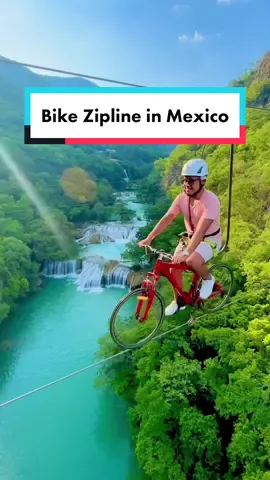 On this bike zipline in the Huasteca Posina in Mexico, riders pedal over the 226 meter long wire, suspended over 260 feet in the air. This exhilarating experience gives you a gorgeous view of the cascading waterfalls and the lush landscapes of San Luis Potosi. 🎥 IG @albertour3ro📍 San Luis Potosi, Mexico #visitmexico #bikezipline #zipline #adventuretravel #traveltok #travelmexico 