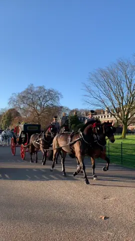 Horse drawn carriages with police escort in Kensington Palace Gardens.  #kensington #kensingtonpalace #kensingtonpalacegardens #horsedrawncarriage #horses #policehorse #policehorses #policeescort #royalfamily 