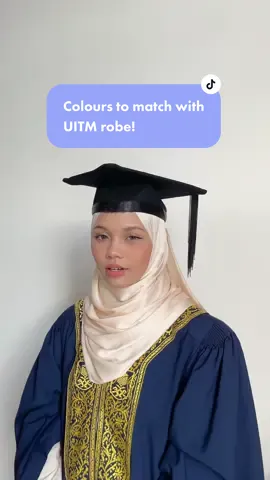 Graduating with these colours 😍 berseri, nampak soft and blends well with the dark blue robe with yellow detailing. Goodluck in deciding! 🫶🏻🎓 #graduation #tudungconvo #wisuda #hijabstyle 
