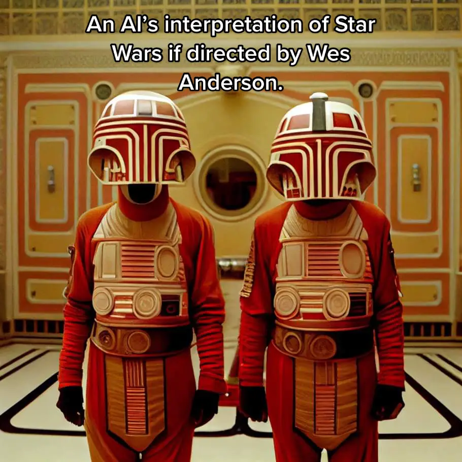 Ryan McLaughlin shared the artwork he created using AI to the Facebook group Midjourney Official. It’s odd to image anyone directing Star Wars other that George Lucas himself, but do you think you could enjoy a version with an Wes Anderson spin? #wesanderson #starwars #grandbudapesthoteled  #aigenerated #aesthetic #targetaudience #fyp 