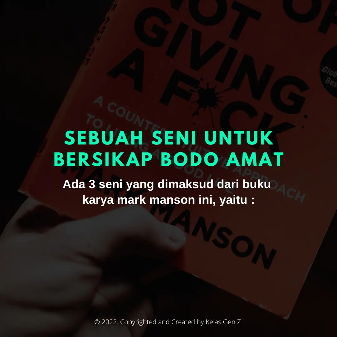 Buku ini tidak berbicara bagaimana cara meringankan masalah atau rasa sakit. Bukan pula untuk mencapai suatu keagungan, Buku ini tidak akan mengajari kita bagaimana cara mendapat atau mencapai sesuatu, namun lebih pada cara berlapang dada dan membiarkan sesuatu pergi. Ini akan mengajari kita untuk peduli lebih sedikit. Ini akan mengajari kita untuk jangan berusaha. ______ Referensi : Buku 