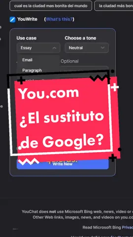 Hoy os quiero hablar de You.com, un nuevo motor de busqueda que integra herramientas de inteligencia artificial para hacer búsquedas más eficientes y rápidas. Descubrirás cómo usar un chat estilo ChatGPT para preguntarle cualquier cosa y cómo la función de escritura de You.com te permite redactar diferentes tipos de contenido con solo especificar el formato. ! #AI #motoresdebúsqueda #IA #Youcom #chatbot #búsquedasinteligentes 