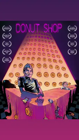 Donut Shop                                                              watch it now https://youtu.be/y0JgZBI1cYc It's Saturday night, but to Tom Phillips, a manager at a hip fast food donut shop, it's just another day on the job serving customers, cleaning unknown substances from the floor, and protecting the shop from various robbers and vagrants.  Seems normal enough, but what are the strange noises coming from the back room?  Why don't the regular patrons seem to notice them?  And how come the customers can't seem to stop eating the donuts? Directed by James Rogers-Gahan Produced by 18 Bleecker Films Poster Art by Wood N Leg #donutshop #jamesrogersgahan #18bleeckerfilms #scififilm #retrofuturistic 