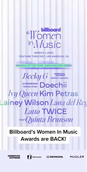 The Billboard Women In Music Awards are BACK 💜 #BBWomenInMusic returns March 1 to honor the most influential artists & executives shaping the music landscape. Here’s a look at the lineup (so far 😉).  #lanadelrey #lanadelreyfans #twice #twiceonce #kimpetras #doechii #beckyg #latto #ivyqueen #laineywilson #quintabrunson #kimpetrasmalibu #beckygmusic #lanadelreymusic #twiceedit #twice_tiktok_official #latto777 #womeninmusic #musicindustry #losangeles 