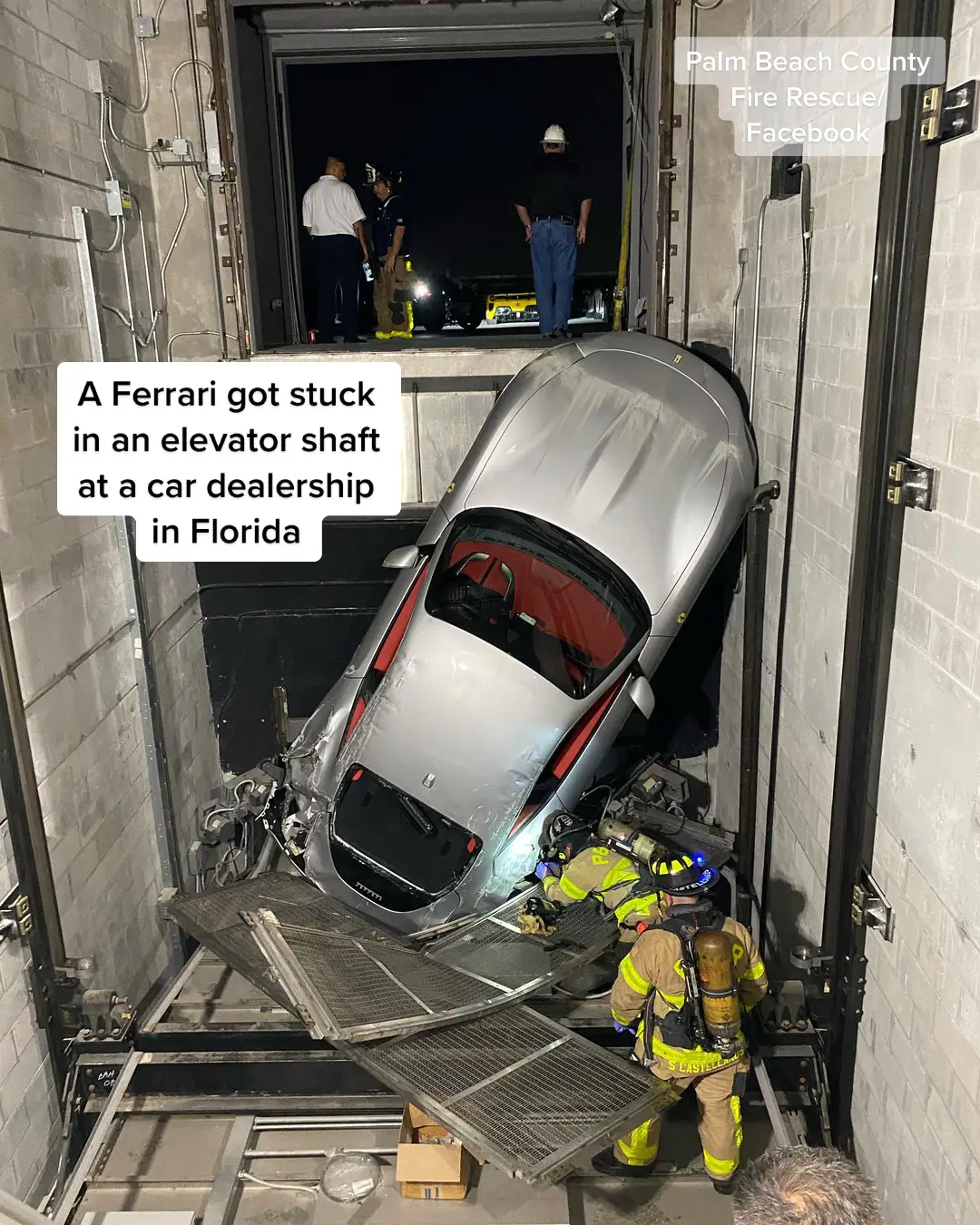 A #Ferrari got stuck inside an elevator shaft in Palm Beach, Florida after a “malfunction,” according to officials.