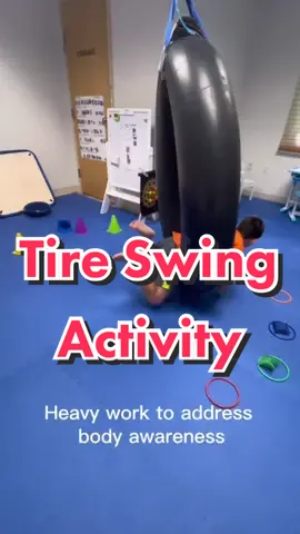 Love this tire swing game! It provides both vestibular and proprioceptivo input. This game can also be done with a platform swing. #pediatricot #sensoryactivities #sensoryswing #occupationaltherapy #pediatrictherapy 
