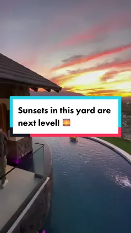 Tag someone you’d want to watch the sunset with here! 👇🏼 #fyp #backyardtransformation #landscapedesign #swimmingpool #sunset #pooldesign 