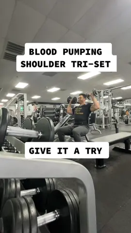 BLOOD PUMPING SHOULDER TRI-SET YOU SHOULD TRY  1. REGULAR SHOULDER PRESS 10 2. NEUTRAL GRIP SHOULDER PRESS 10 3. ARNOLD PRESS 10                                            #boostedfit #shoulderpump #fitnessgang💯 #fitnessmotivation #bodybuilding #arnoldpress #shoulderpress #Fitness #biggershoulders 