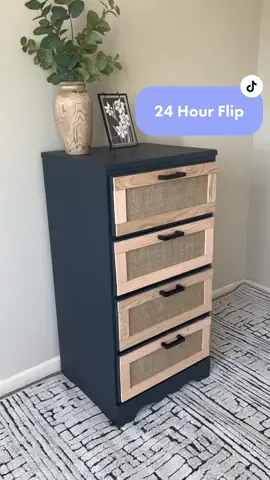 1-DAY FLIP CHALLENGE 💥⚒️😵‍💫 I got inspired by a fellow flipper I love, @designsbymckay, who wanted to prove you could do fast flips with good quality! I picked this chest of drawers up from Facebook marketplace for $30 in the morning and had it listed back on Facebook marketplace the next morning getting over $200 for it!  This piece was a true glam makeover, I went away with the nursery blue battered paint and replaced it with a super modern “blackboard” color by Magnolia Homes.  I wanted to do something different with the drawers so I stapled on rolled burlap and edged it with this gorgeous natural pine plank. After some sleek black hardware she was back in business!  Comment your thoughts on how this 24 hour flip came out! ⚒️❤️🫶🏻 • • • • • • • • • #furnitureflip #furnituremakeover #paintedfurniture #upcycledfurniture #furniture #furniturerestoration #upcycle #furnitureartist #homedecor #furnituredesign #DIY #refinishedfurniture #vintagefurniture #vintage #chalkpaint #interiordesign #chalkpaintedfurniture #beforeandafter #furniturepainter #refurbishedfurniture #handpaintedfurniture #upcycled #upcycling #fusionmineralpaint #diyhomedecor #handpainted #paintedfurniturelove #furnitureflipper #restoredfurniture #furniturepainting