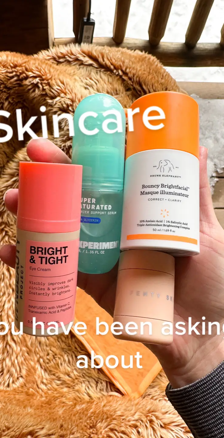 Quick skincare reviews ✨ Drunk Elephant  Bouncy Brightfacial Brightening Mask with 10% Azelaic Acid + 1% Salicylic Acid I have been using this in the morning as the last step in my AM routine right before moisturzier. It's a mask - but it feels like a cream-serum. This isn't a moisturizer but looks like one! This is great for combo skin and anyone with clogged pores like me! No scent, just a nice creamy texture. No pilling and lays well under makeup. InnBeauty Project Bright & Tight I have video on this so scroll back! This has been really great for my dry, tired eyes. It feels like makeup and skincare in one but can still be used at night. This is always sold out so wait for it to come back in stock. Experiment Super Saturated Barrier Serum  If you are bored with Hyaluronic Acid and want something that really works-- this is it. Glycerin is the star here! I took this to Tahoe where the weather is super dry and usually makes me feel like a crusty biscuit. But this SAVED me! Even while using retinol at night. It's a thick serum and you will want to apply this to damp skin.  Fenty Plush Puddin- lip mask This is the richest lip mask I have ever found. If you are sad about Glossier reformulating their iconic BDC this will be your new favorite. This is another 