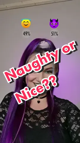 Naughty or nice? #naughtyornice #tiktokfilter #tiktokquiz #purplehair #doubleeyeliner #eyelineronhoodedeyes #colourfulmakeup #greenlips #havingfun 