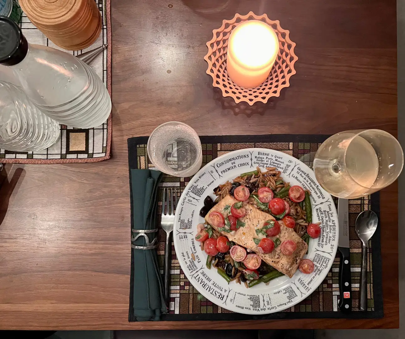 Dinner. Steelhead salmon fillets, with orzo pasta, black olives, green beans, in a tomato-mustard vinaigrette. With Thai Basil leaves.  Wine: Pinot Bianco.  Sparkling water, 2 ways, alá Ty Music: dinner jazz. #dinner #flavelljames 